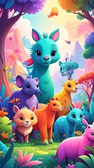 A vibrant forest scene with cartoon animals and plants © as