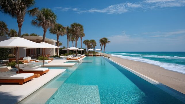 Luxurious resort infinity pool stretches alongside a sunny tropical beach bordered by palm trees