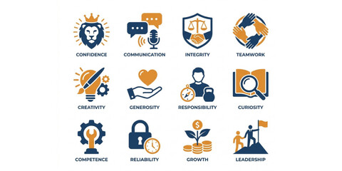 Fototapeta premium Leadership and Personal Values Flat Icons Collection with Integrity and Creativity 