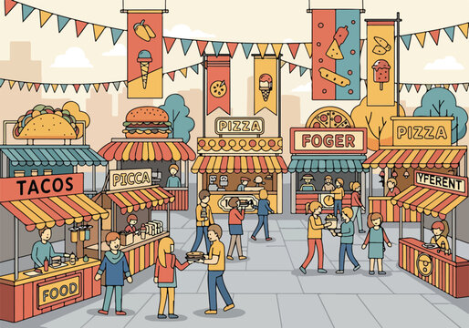A bustling outdoor food market with various stalls