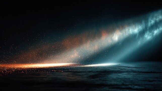 cosmic light beams over celestial landscape