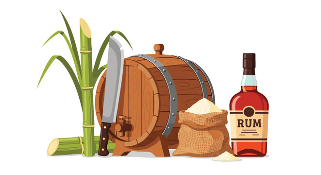 Illustration of rum production featuring a bottle of rum, a wooden barrel, sugar cane stalks, and a sack of granulated sugar with a machete.