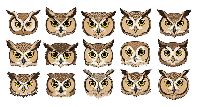 Collection of fifteen unique owl face illustrations showing different plumage patterns and intense yellow eyes in a detailed graphic style.