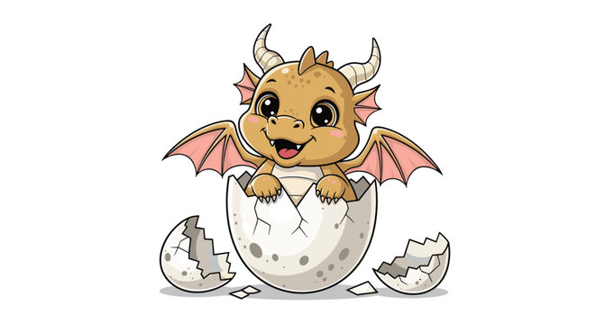 Adorable baby dragon with wings spread wide hatching from a grey spotted egg in a cute cartoon illustration style.