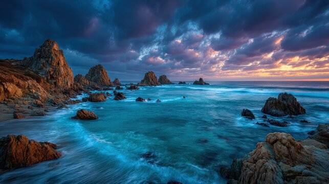 dramatic coastal sunset with rugged cliffs