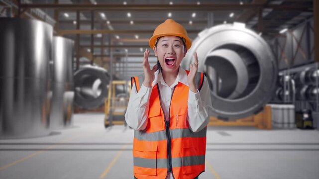 Asian Female Engineer With Safety Helmet Smiling To Camera And Saying Wow While Standing at Heavy Factory with Large Turbine Components