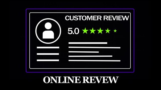Animated five star customer review rating with user profile and glowing feedback stars for e-commerce marketing, digital business reputation management, and online service evaluation