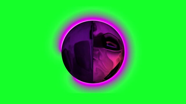 Cosmic Swirl: An abstract spherical form with swirling purple and pink hues, emanating a vibrant magenta aura against a stark green backdrop. A conceptual visual representing energy and mystery.