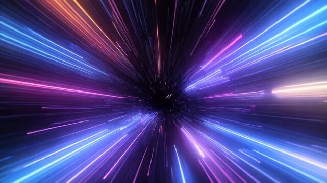 Colorful light tunnel neon streak speed motion blur abstract beam glow vortex warp space travel futuristic energy burst background vibrant ray fast