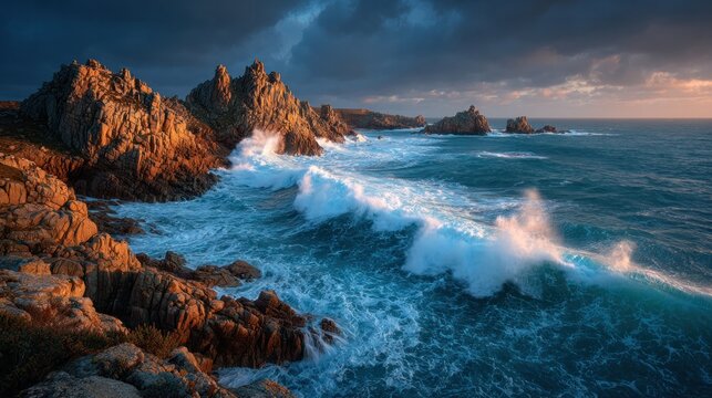 dramatic coastal sunset with rugged cliffs