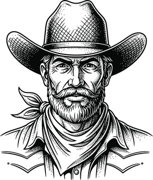 Rugged man with cowboy hat and bandana in detailed line drawing style during a western theme concept