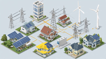 Fototapeta premium Renewable Energy Power Grid with Solar and Wind Turbines.