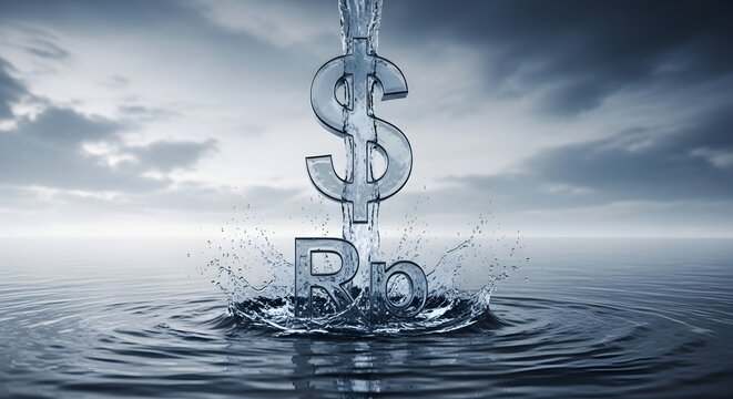 Dollar and Ruble Currency Symbols Splashing in Water, Business Concept, Ocean View, Financial Illustration