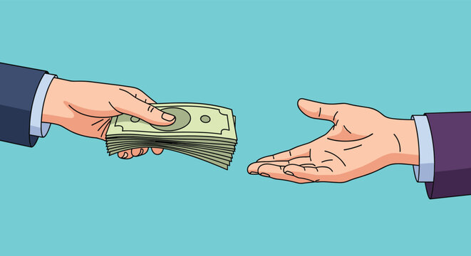 Close up of two hands in suits exchanging a thick stack of dollar bills against a solid turquoise blue background.