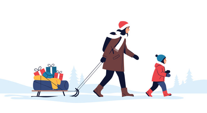 Happy woman pulling a wooden sled filled with colorful gift boxes while walking with a young child through a snowy winter landscape.