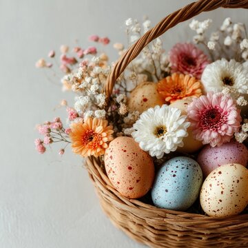 easter eggs and flowers in a woven basket