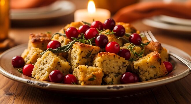 Delicious homemade stuffing with cranberries and herbs on a plate  traditional cuisine