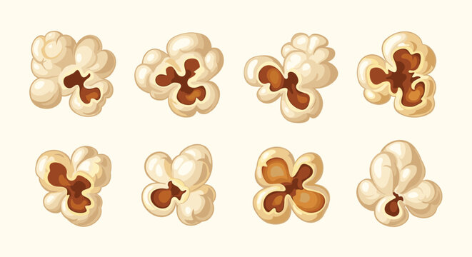 Set of individual fluffy popped popcorn kernels with golden centers on a light cream background, perfect for movie night snack themes.