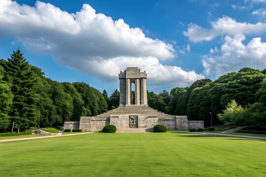 Stone monument with columns in a scenic park landscape under a blue sky