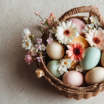 easter eggs with flowers in basket