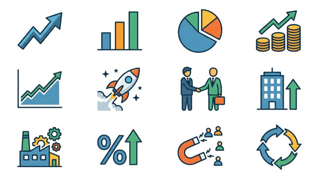 Business growth and success icons collection.