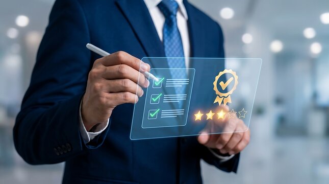 Businessman selecting virtual checkboxes for quality assurance and approval holographic interface. f ull details prompt and 8K ultra quality and add image ratio business assurance approval