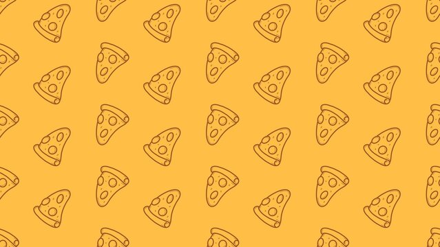 Seamless pattern background filled with outline illustrations of pizza slices on a solid yellow orange backdrop.