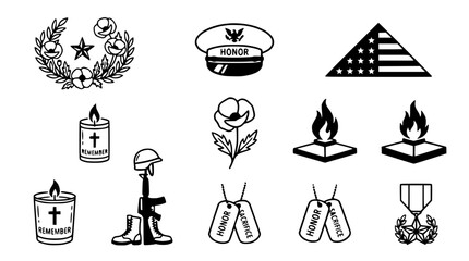 Obraz premium Memorial Day Icons: Poppy, Wreath, Flag, Candle, Soldier, Dog Tags, Medal