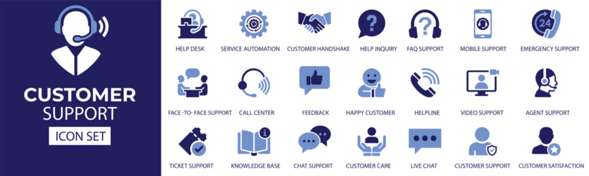 Customer service and support icon collection featuring help desk assistance , live chat assistance, call center communication and customer care solutions