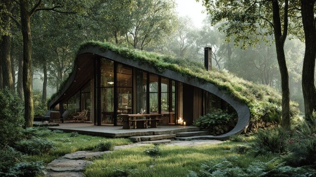 modern eco-friendly house nestled in forest