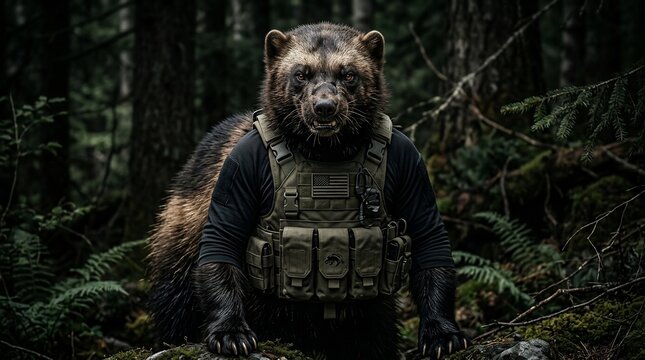 A fierce wolverine wearing a tactical military vest in a dark forest.