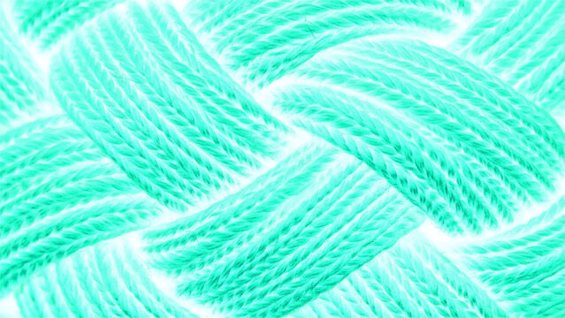 Macro close-up of a bright turquoise knitted fabric texture, showing interwoven yarn loops and a soft, fuzzy textile pattern in a repeating diagonal weave