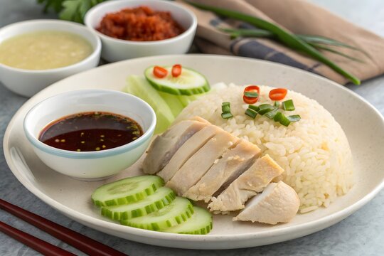 Traditional hainanese chicken rice served with dipping sauces and cucumber