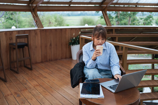 Woman is engaged in financial planning and data analysis while having discussion over coffee using laptop in wooden outdoor setting with natural light and greenery