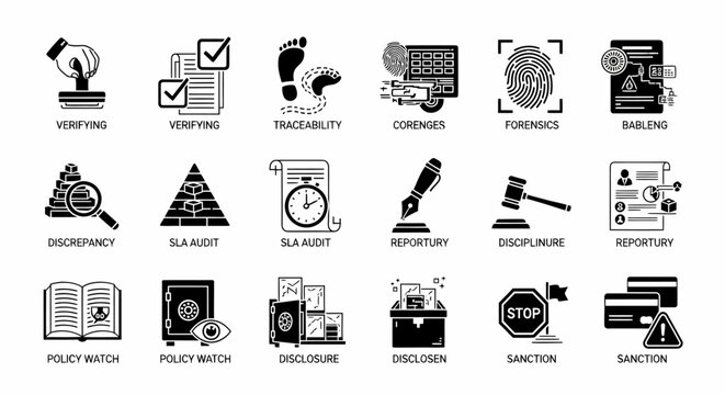 Corporate audit and compliance icons set, black and white line art style