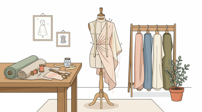 Fashion design studio with mannequin clothes.