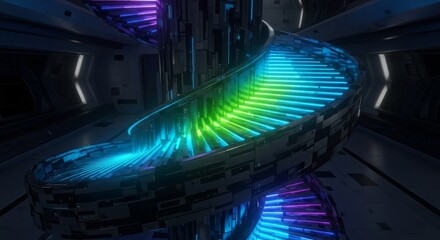 Obraz premium A futuristic spiral staircase built from bioluminescent materials and shifting metallic plates within a vast deep space vessel corridor, void, cosmic, atmospheric