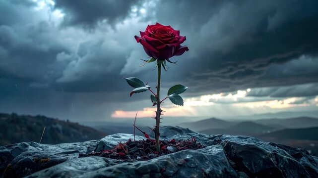 A single red rose thrives on a rocky outcrop under a stormy sky