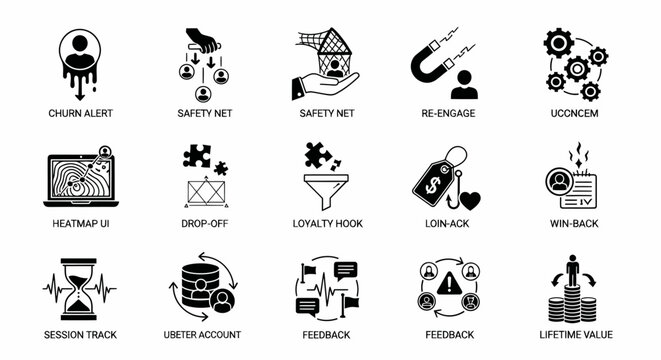 User retention analytics icons pack, vector graphics for business and marketing concepts