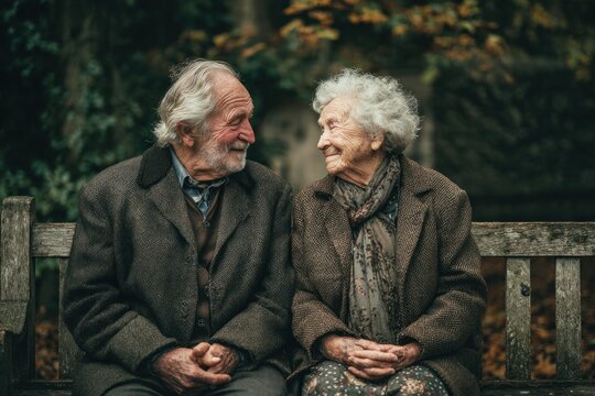 elderly couple sharing a moment on park bench
