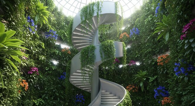 A grand spiral staircase winds through a dense vertical garden inside a futuristic eco-structure, showcasing integrated green architecture, foliage, sunlight, vertical