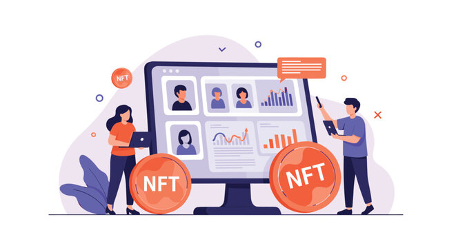 Diverse group of people engages with a digital NFT marketplace on a large screen featuring various profile avatars and coins.