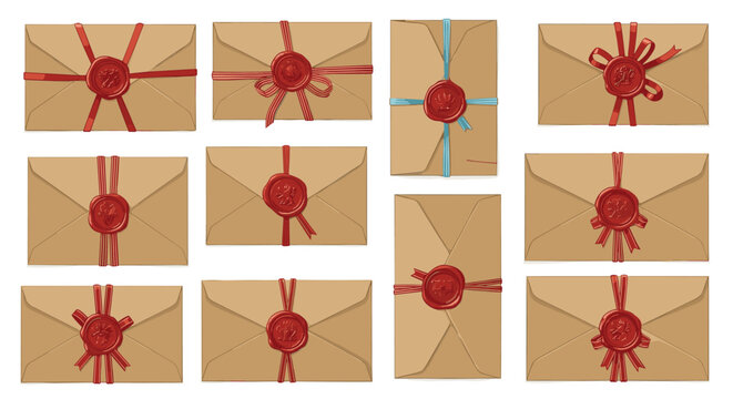 Set of vintage brown envelopes in different sizes, each sealed with a red wax stamp and tied with colorful rustic string.