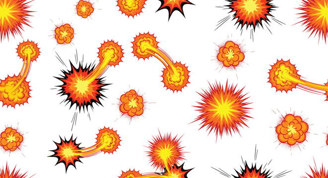 Seamless pattern design filled with dynamic comic book style explosions and fire bursts in bright orange and yellow hues.