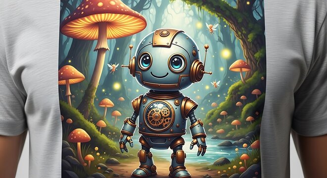 Colorful abstract painting of a whimsical character in surreal landscape.