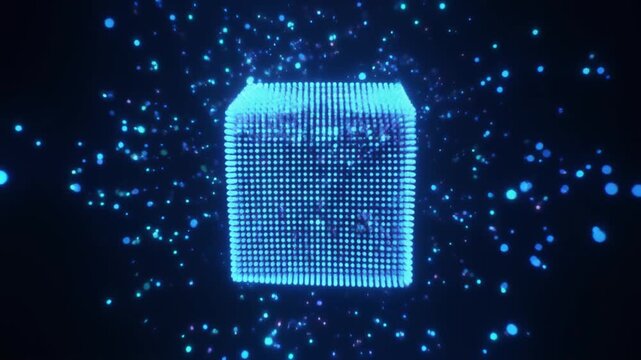 Abstract digital cube made of glowing blue particles on a black background. Futuristic 3D geometric shape representing data storage, blockchain, and cyber security technology.