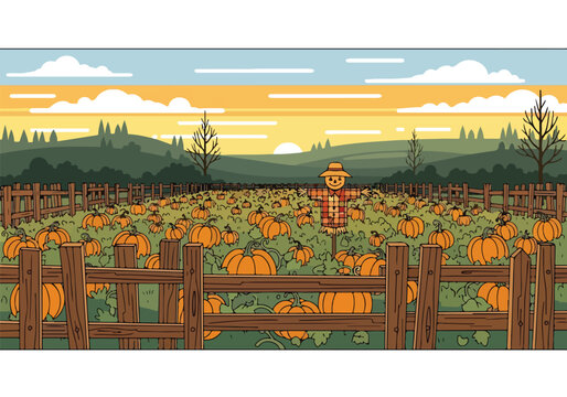 A cartoon pumpkin patch at sunset with a scarecrow