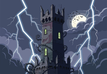 A dark castle tower with lightning and a full moon © Jiuaa