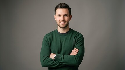 Obraz premium Smiling man in green polo shirt holding smartphone