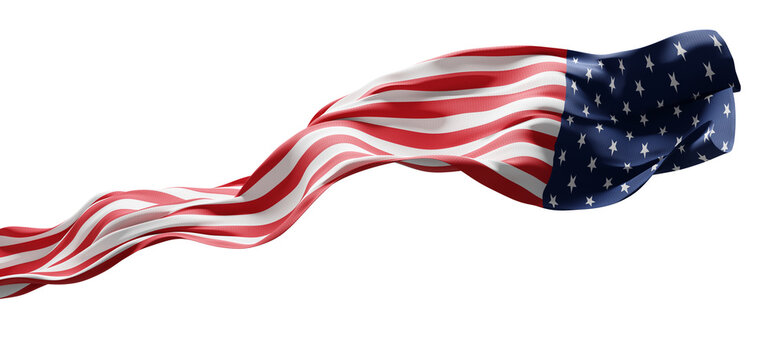 American flag ribbon flowing in the wind isolated on transparent background  with copy space for 4th of july America Independence day banner 3D render